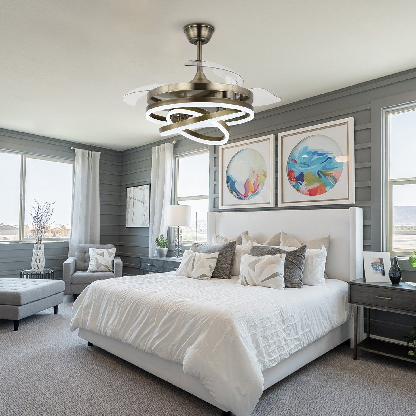 Ventilateur de plafond rétractable Cusp Barn 42 avec éclairage et télécommande, forme DIY, abat-jour moderne, moteur DC silencieux, éclairage LED.