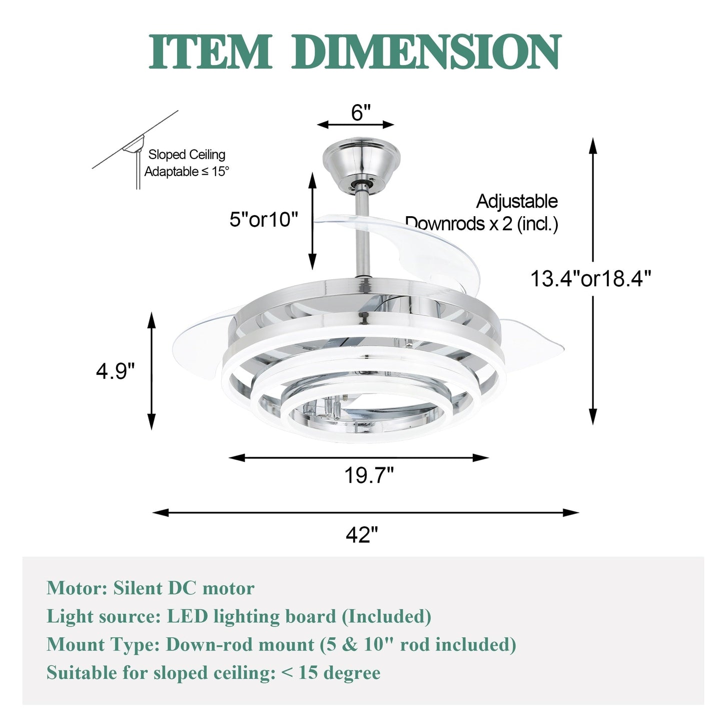 Ventilateur de plafond rétractable Cusp Barn 42 avec éclairage et télécommande, forme DIY, abat-jour moderne, moteur DC silencieux, éclairage LED.