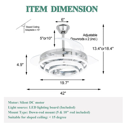 Ventilateur de plafond rétractable Cusp Barn 42 avec éclairage et télécommande, forme DIY, abat-jour moderne, moteur DC silencieux, éclairage LED.