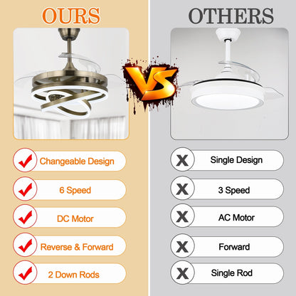 Ventilateur de plafond rétractable Cusp Barn 42 avec éclairage et télécommande, forme DIY, abat-jour moderne, moteur DC silencieux, éclairage LED.