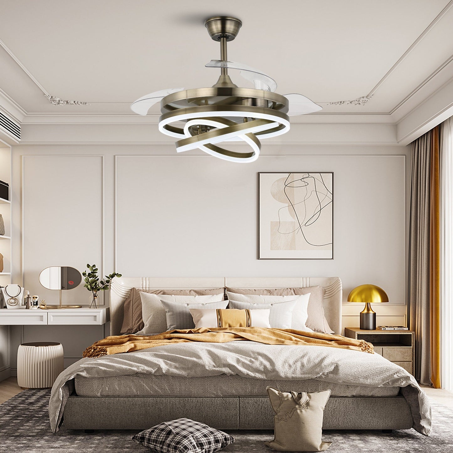 Ventilateur de plafond rétractable Cusp Barn 42 avec éclairage et télécommande, forme DIY, abat-jour moderne, moteur DC silencieux, éclairage LED.