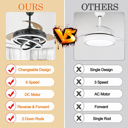 Ventilateur de plafond rétractable Cusp Barn 42 avec éclairage et télécommande, forme DIY, abat-jour moderne, moteur DC silencieux, éclairage LED.