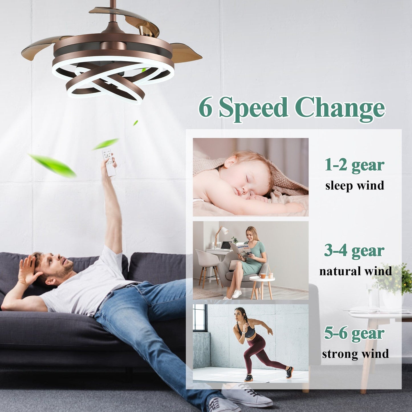 Ventilateur de plafond rétractable Cusp Barn 42 avec éclairage et télécommande, forme DIY, abat-jour moderne, moteur DC silencieux, éclairage LED.