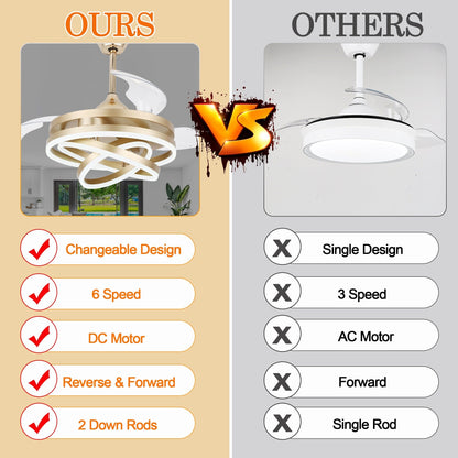 Ventilateur de plafond rétractable Cusp Barn 42 avec éclairage et télécommande, forme DIY, abat-jour moderne, moteur DC silencieux, éclairage LED.