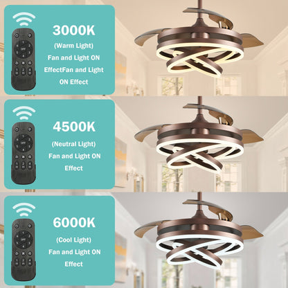 Ventilateur de plafond rétractable Cusp Barn 42 avec éclairage et télécommande, forme DIY, abat-jour moderne, moteur DC silencieux, éclairage LED.