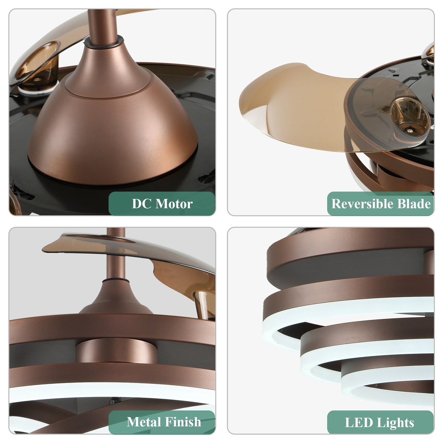 Ventilateur de plafond rétractable Cusp Barn 42 avec éclairage et télécommande, forme DIY, abat-jour moderne, moteur DC silencieux, éclairage LED.