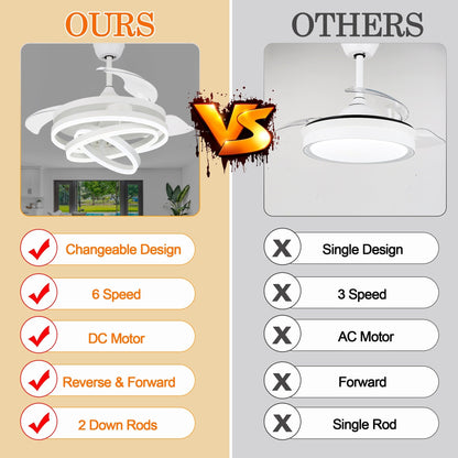 Ventilateur de plafond rétractable Cusp Barn 42 avec éclairage et télécommande, forme DIY, abat-jour moderne, moteur DC silencieux, éclairage LED.