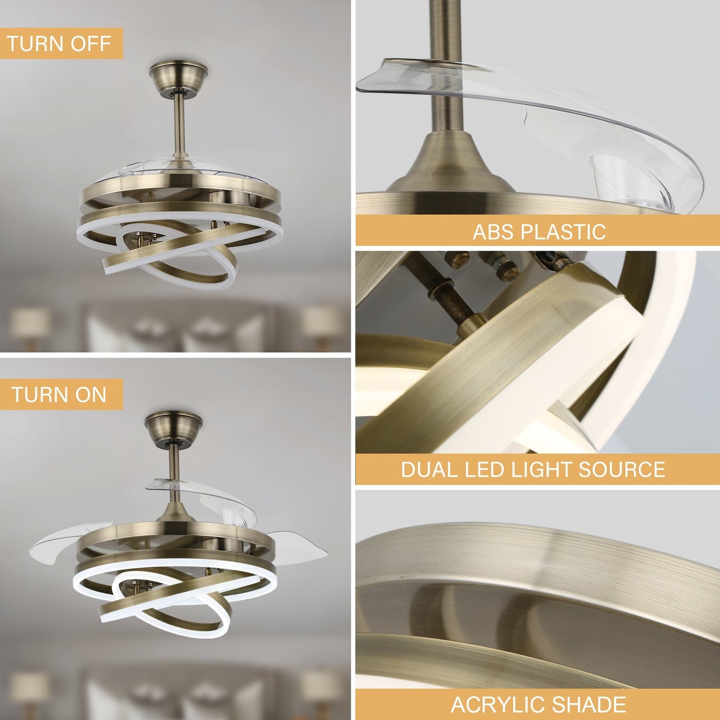 Ventilateur de plafond rétractable Cusp Barn 42 avec éclairage et télécommande, forme DIY, abat-jour moderne, moteur DC silencieux, éclairage LED.