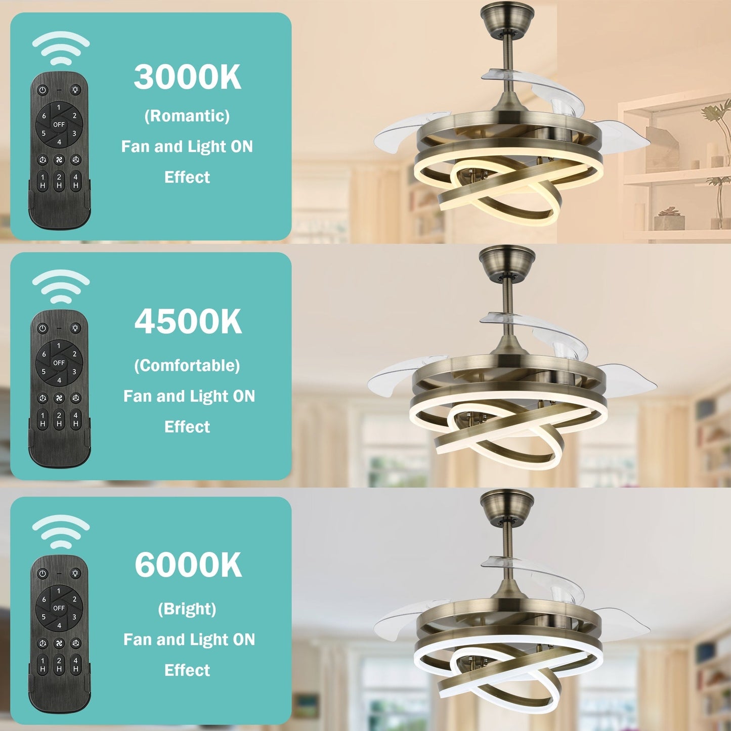 Ventilateur de plafond rétractable Cusp Barn 42 avec éclairage et télécommande, forme DIY, abat-jour moderne, moteur DC silencieux, éclairage LED.