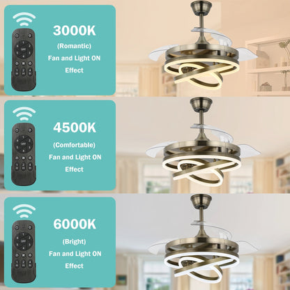 Ventilateur de plafond rétractable Cusp Barn 42 avec éclairage et télécommande, forme DIY, abat-jour moderne, moteur DC silencieux, éclairage LED.