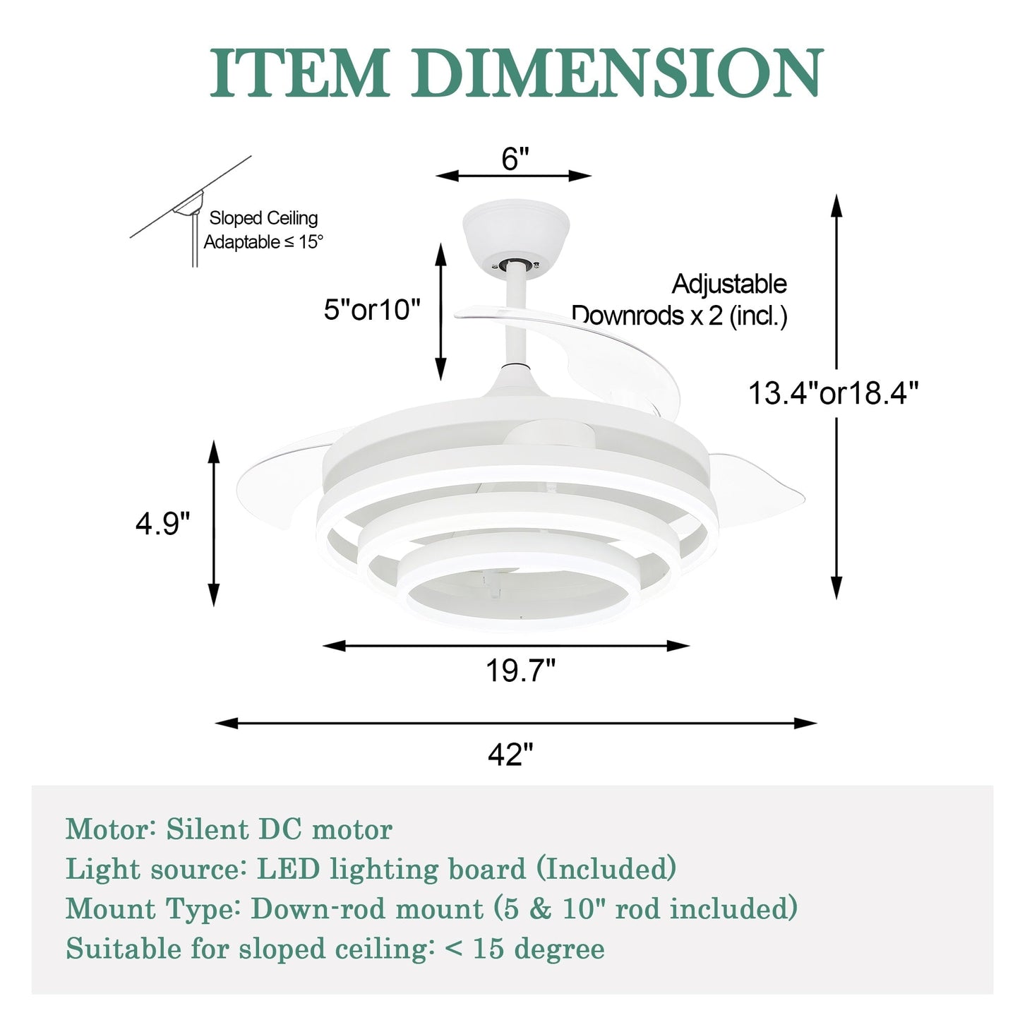 Ventilateur de plafond rétractable Cusp Barn 42 avec éclairage et télécommande, forme DIY, abat-jour moderne, moteur DC silencieux, éclairage LED.