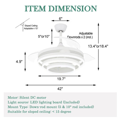 Ventilateur de plafond rétractable Cusp Barn 42 avec éclairage et télécommande, forme DIY, abat-jour moderne, moteur DC silencieux, éclairage LED.