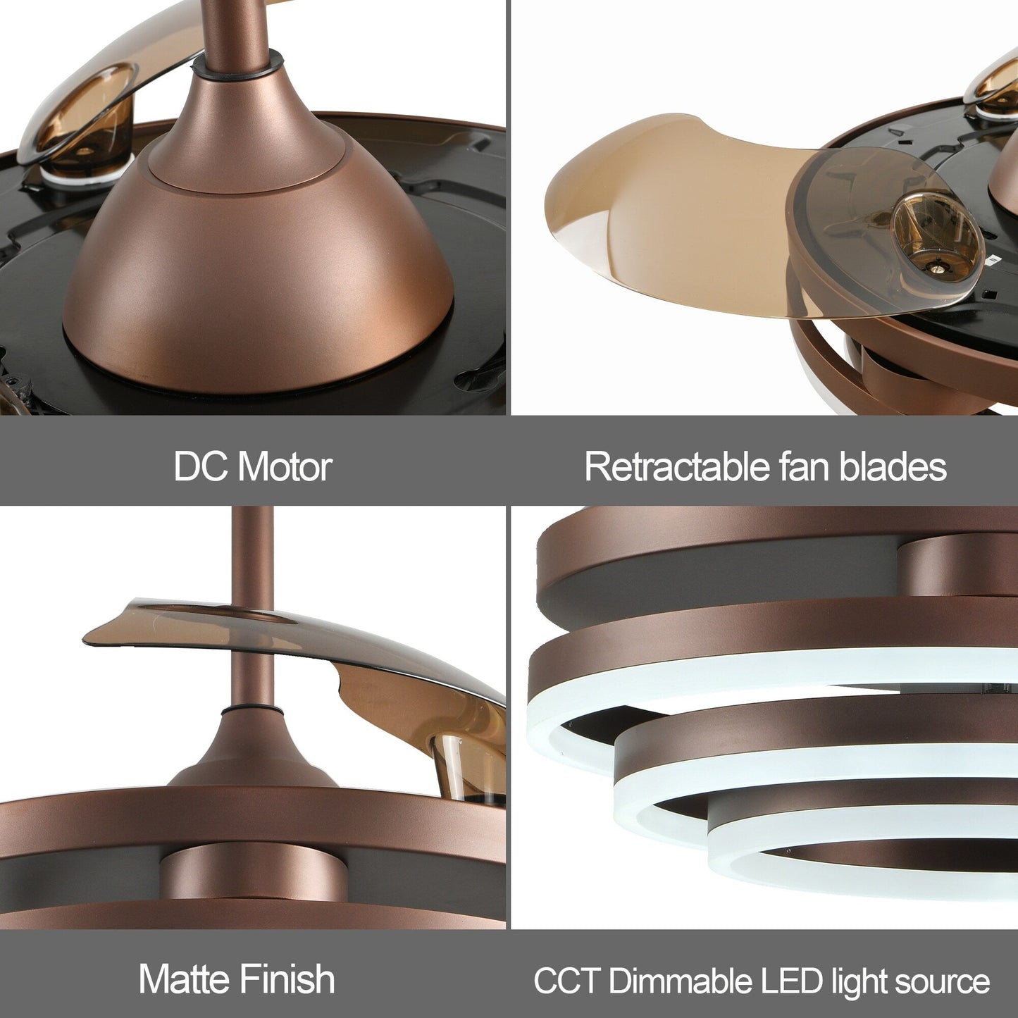 Ventilateur de plafond rétractable Cusp Barn 42 avec éclairage et télécommande, forme DIY, abat-jour moderne, moteur DC silencieux, éclairage LED.