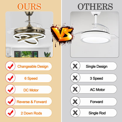 Ventilateur de plafond rétractable Cusp Barn 42 avec éclairage et télécommande, forme DIY, abat-jour moderne, moteur DC silencieux, éclairage LED.