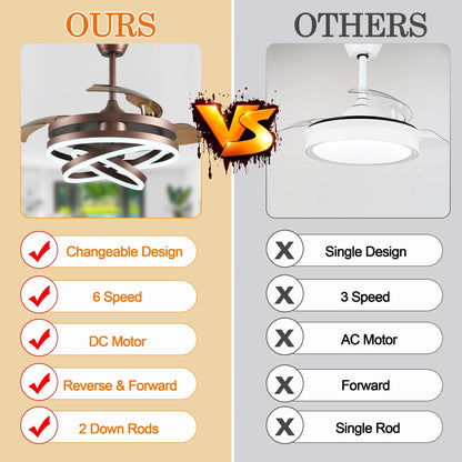 Ventilateur de plafond rétractable Cusp Barn 42 avec éclairage et télécommande, forme DIY, abat-jour moderne, moteur DC silencieux, éclairage LED.