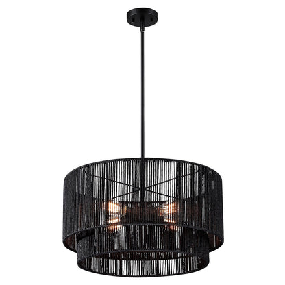 Luminaire suspendu à 4 lumières en rotin noir, modèle Cynthia - 56 cm de largeur
