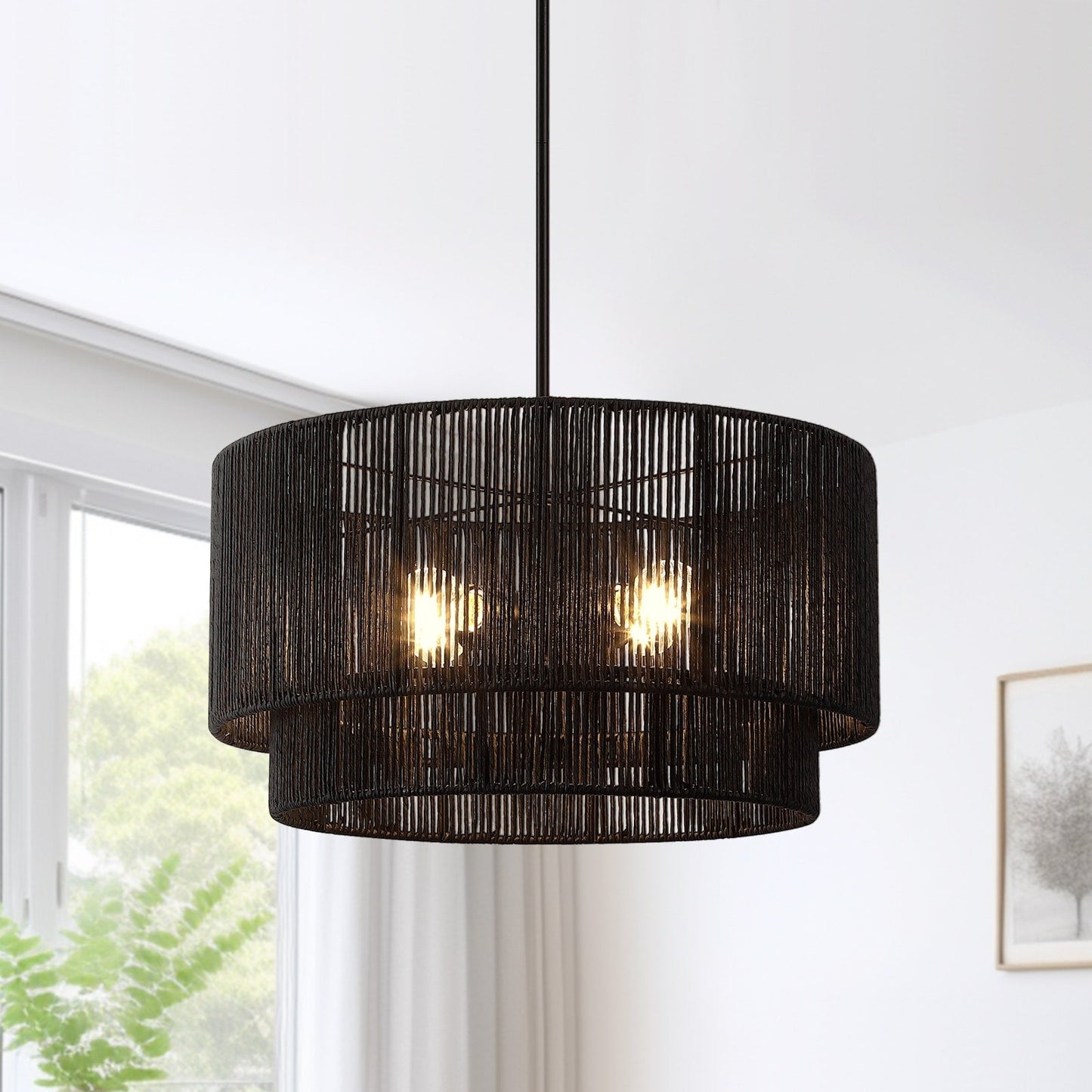 Luminaire suspendu à 4 lumières en rotin noir, modèle Cynthia - 56 cm de largeur