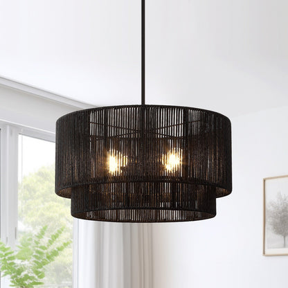 Luminaire suspendu à 4 lumières en rotin noir, modèle Cynthia - 56 cm de largeur