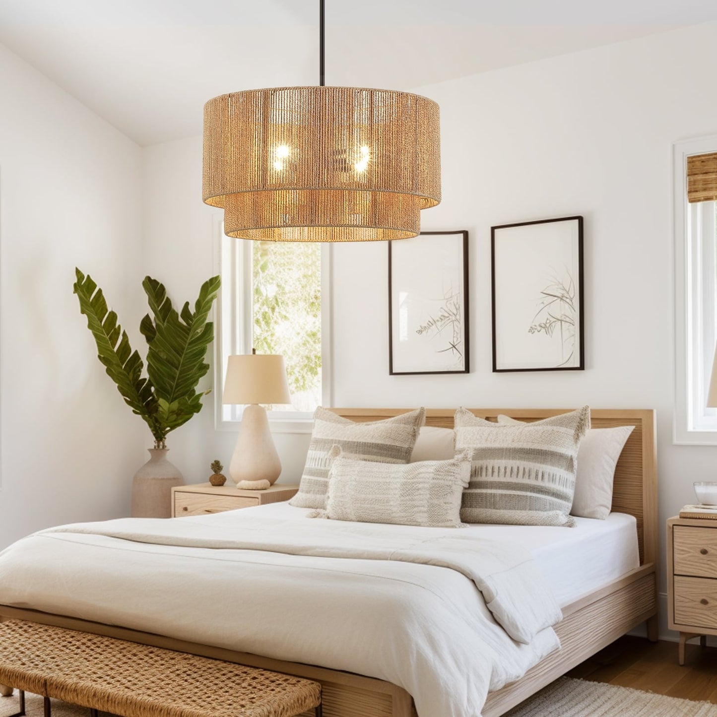 Suspension en rotin naturel à 4 lumières, modèle Cynthia - 56 cm de largeur