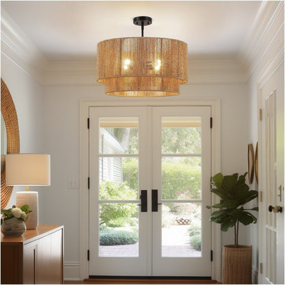 Suspension en rotin naturel à 4 lumières, modèle Cynthia - 56 cm de largeur