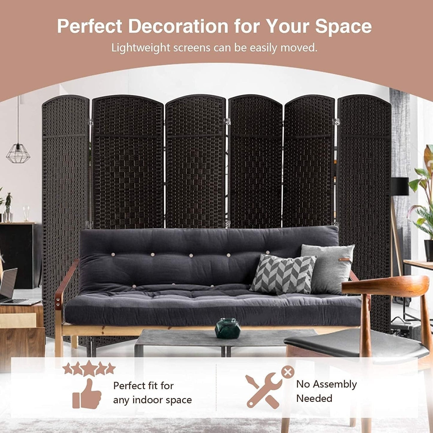 Paravent de séparation de pièce, hauteur 1,8 m, en fibre tressée, pliable, pour plus d'intimité.