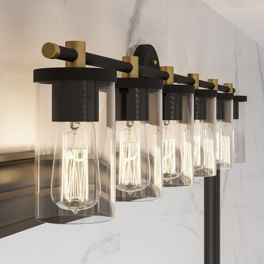 Applique murale de salle de bain Decatur à 6 lumières, style ferme moderne, noir/or, avec certification UL.