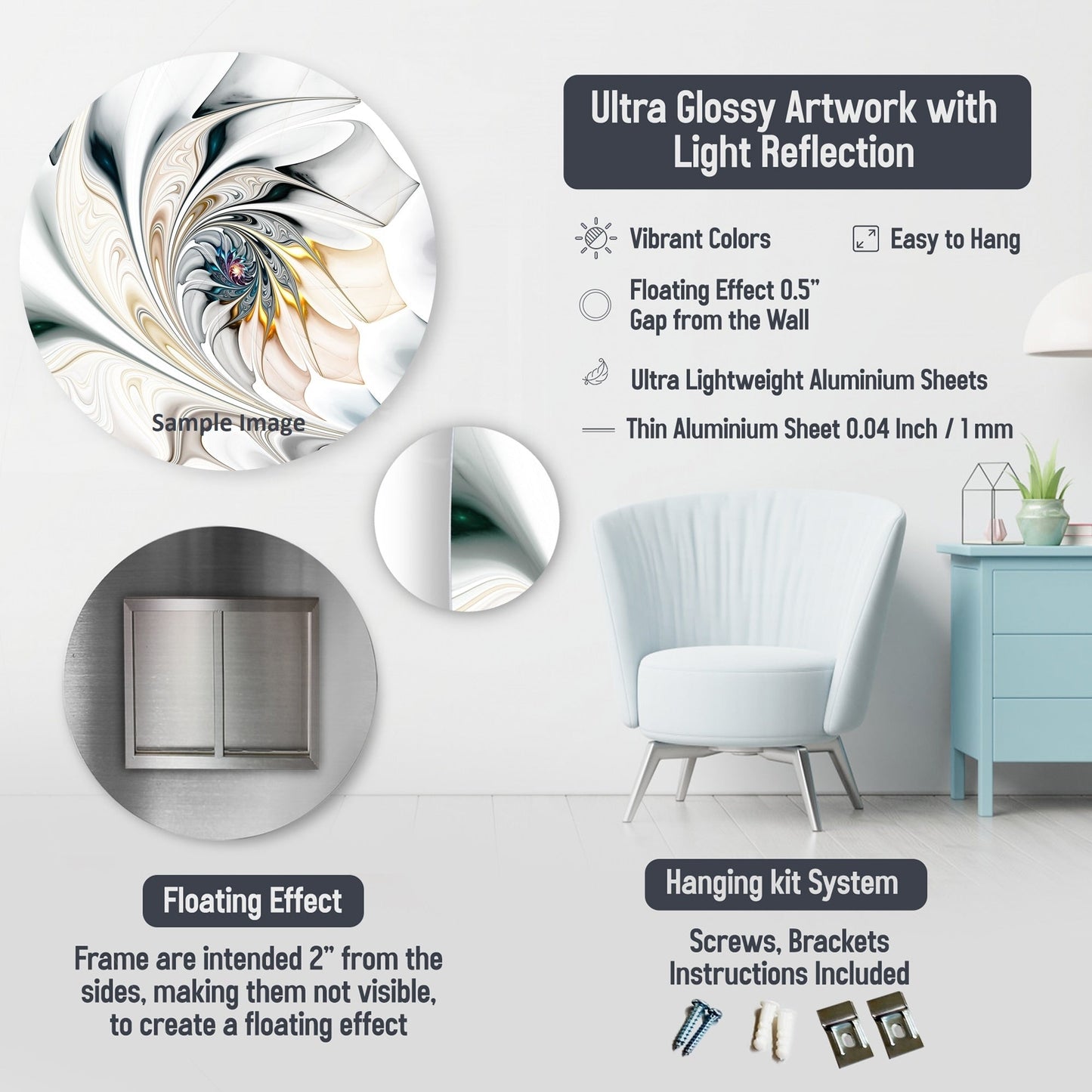 Designart Formes et lignes abstraites IV Art mural rond en métal et marbre abstrait