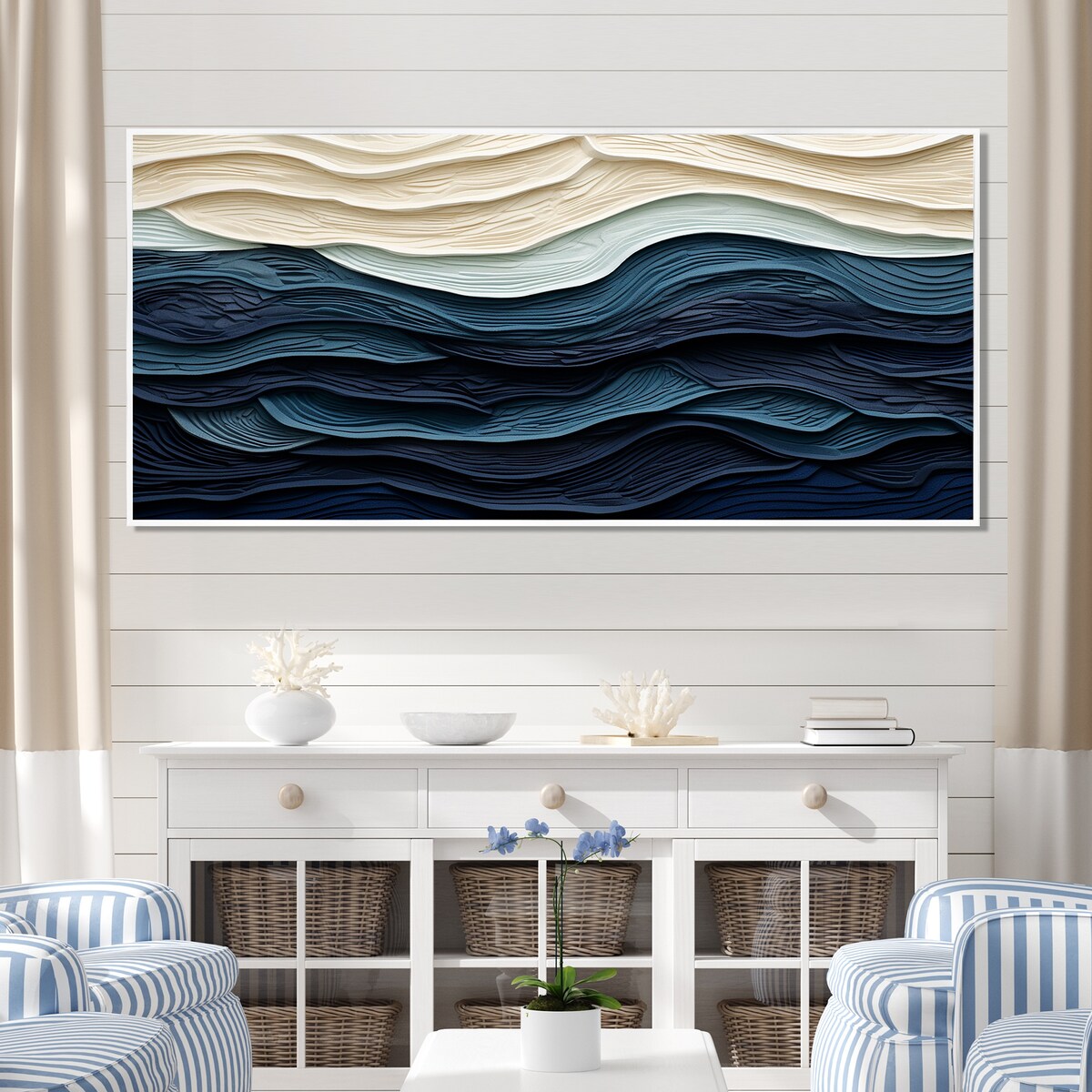Designart Blue And White Coastal Wave S Edge Coastal Minimalism Blue Wall Decor Coastal Living Room Framed Canvas Art