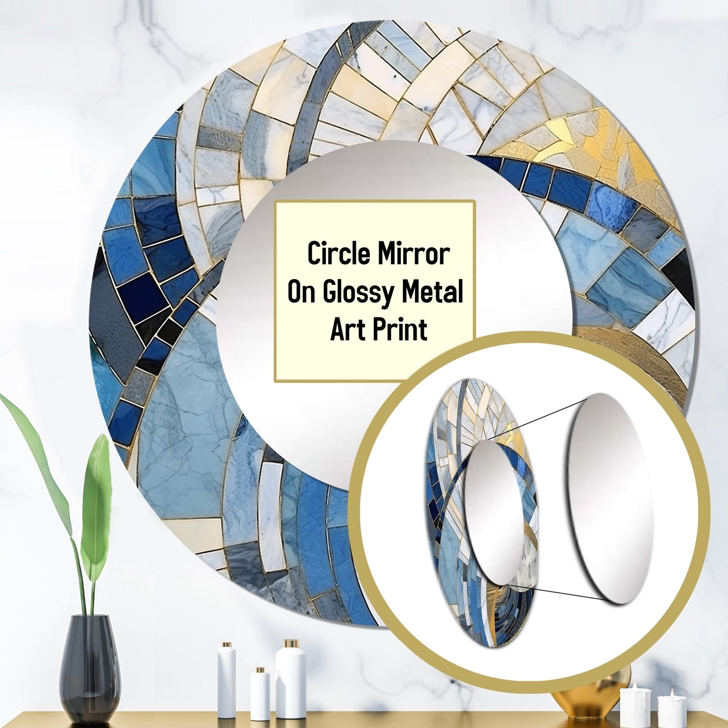 Designart Gold Constructing Blue Realms I Miroir rond à formes abstraites - Miroir moderne bleu pour salon