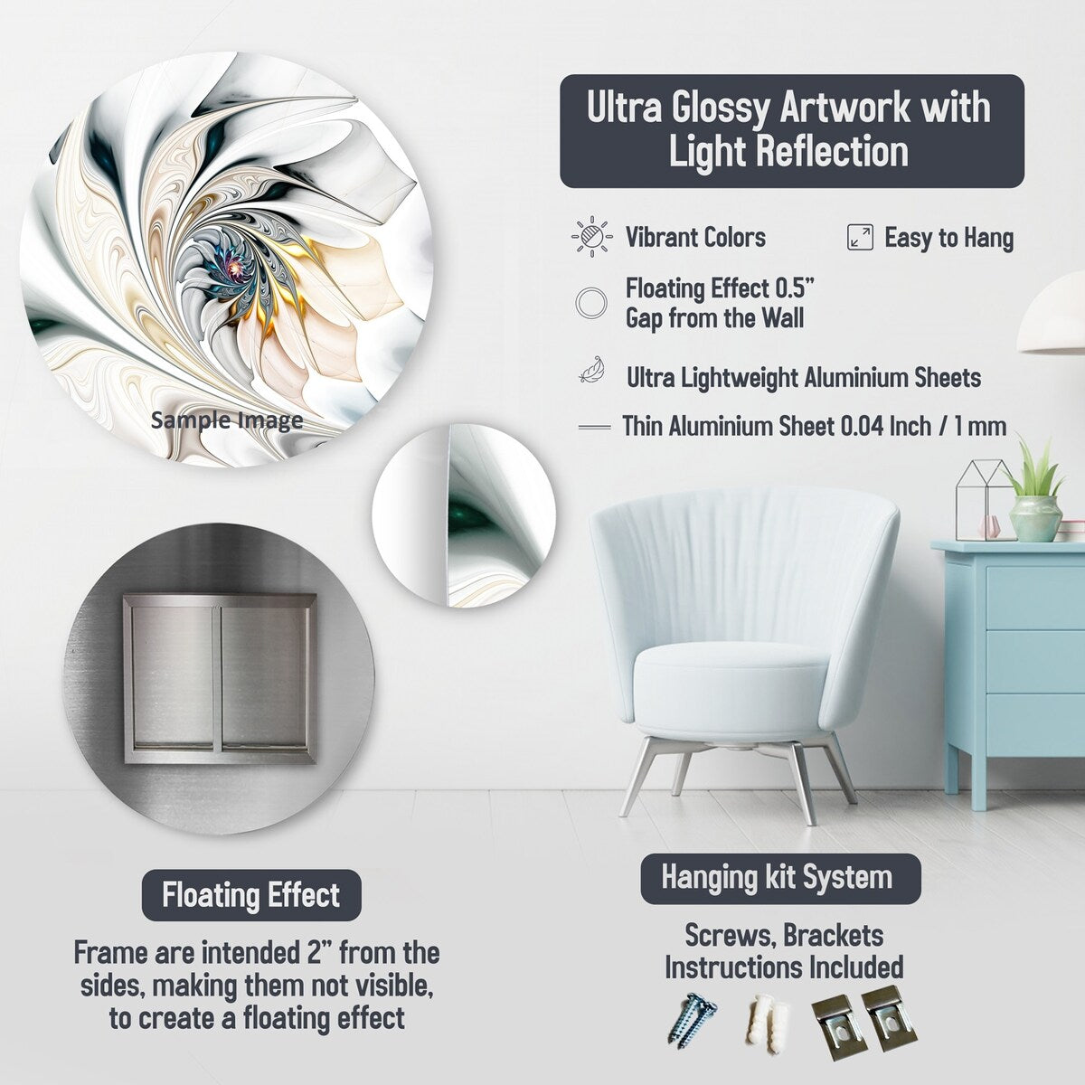 Designart Ensemble de 5 décorations murales en métal, peinture abstraite dorée et blanche.