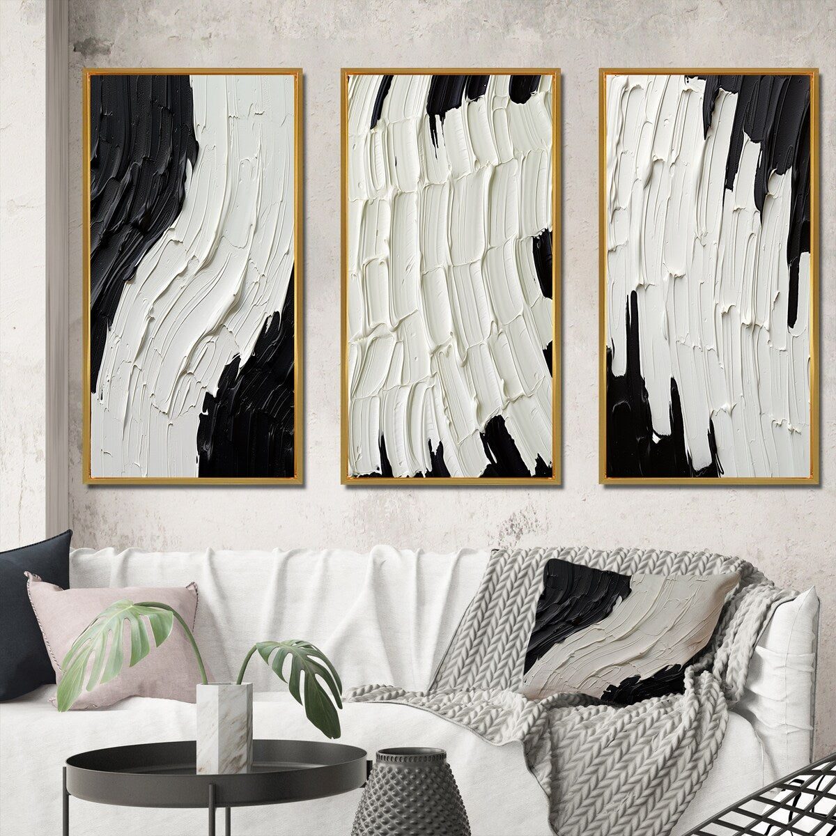 Designart Momentary Spirit - Ensemble de 3 tableaux abstraits noir et blanc encadrés pour décoration murale.