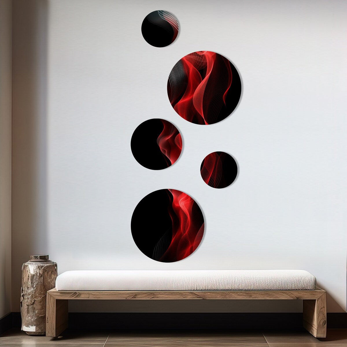 Designart Abstraction Contemplative IX Rouge Noir, Ondes Modernes, Ensemble de 5 Oeuvres Murales Rondes en Métal