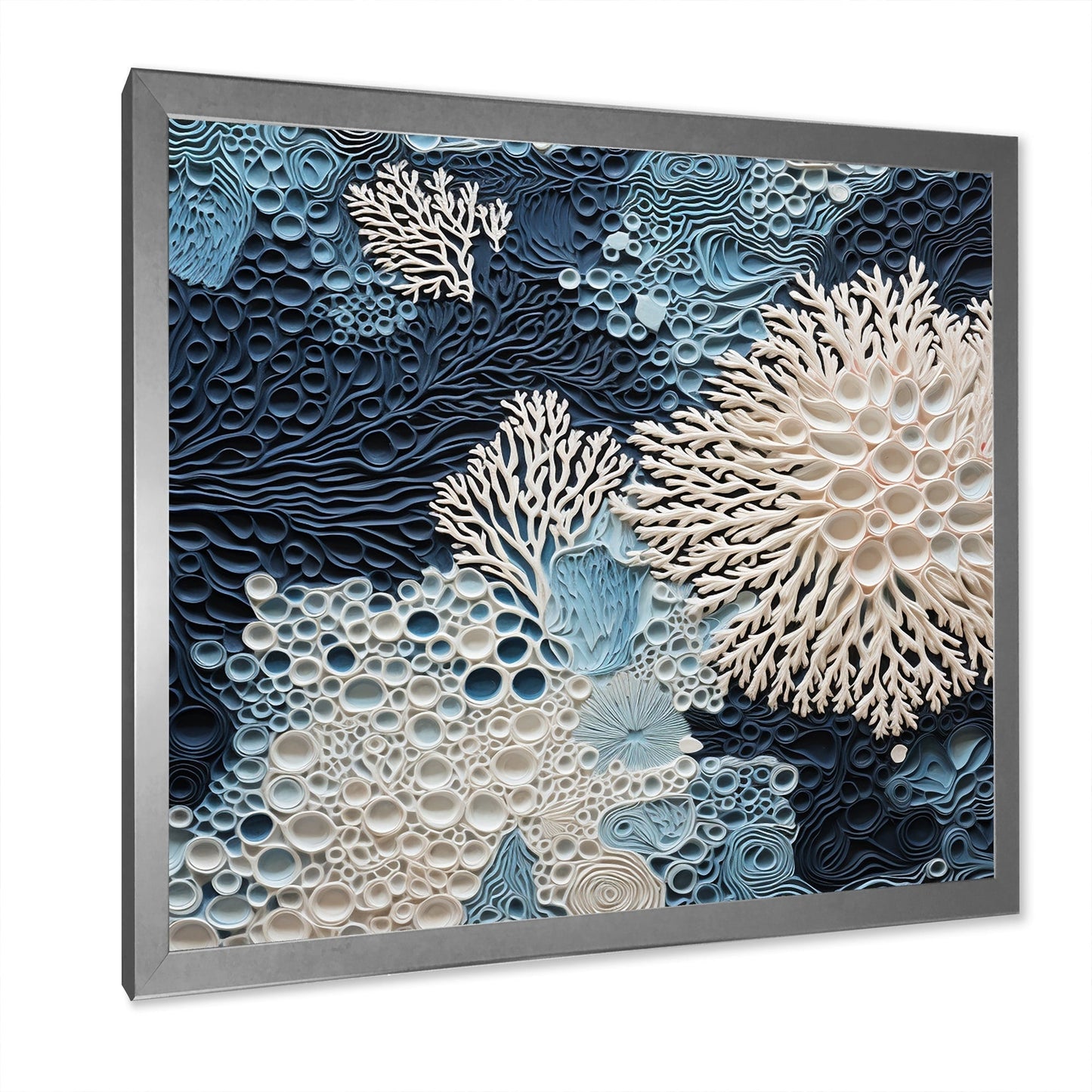 Designart Under Water Blue And White Corals Collage Coastal Framed Canvas Wall Art