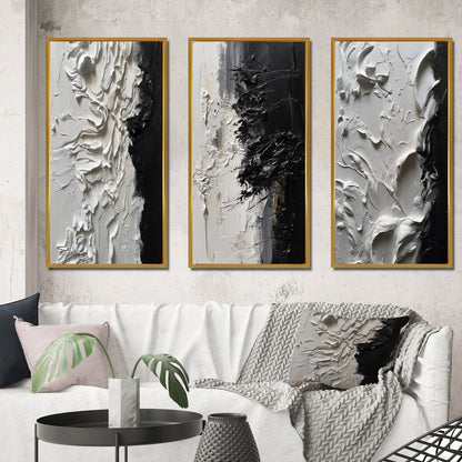 Designart Ensemble de 3 tableaux muraux encadrés abstraits en marbre blanc et noir « Tranquillité débridée III » pour décoration de bureau