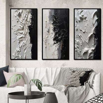 Designart Ensemble de 3 tableaux muraux encadrés abstraits en marbre blanc et noir « Tranquillité débridée III » pour décoration de bureau