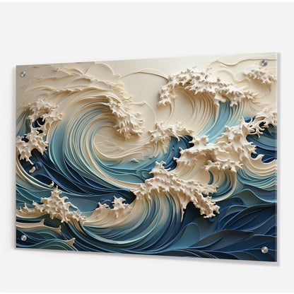 Designart White And Blue Wave Papercut Style III Coastal Waves Gloss Wall Decor - Coastal Acrylic Wall Art For Bedroom