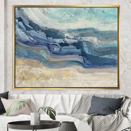 Designart Peinture sur toile encadrée représentant des vagues bleues de la mer, style aquarelle moderne et rustique.