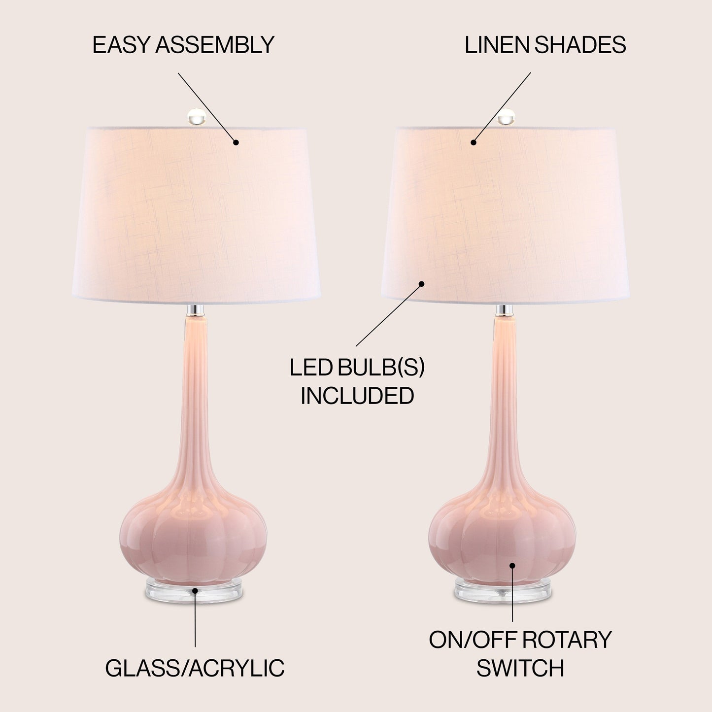 Lampe de table LED en verre en forme de goutte d'eau Diamante 28.5, rose (lot de 2) par JONATHAN Y