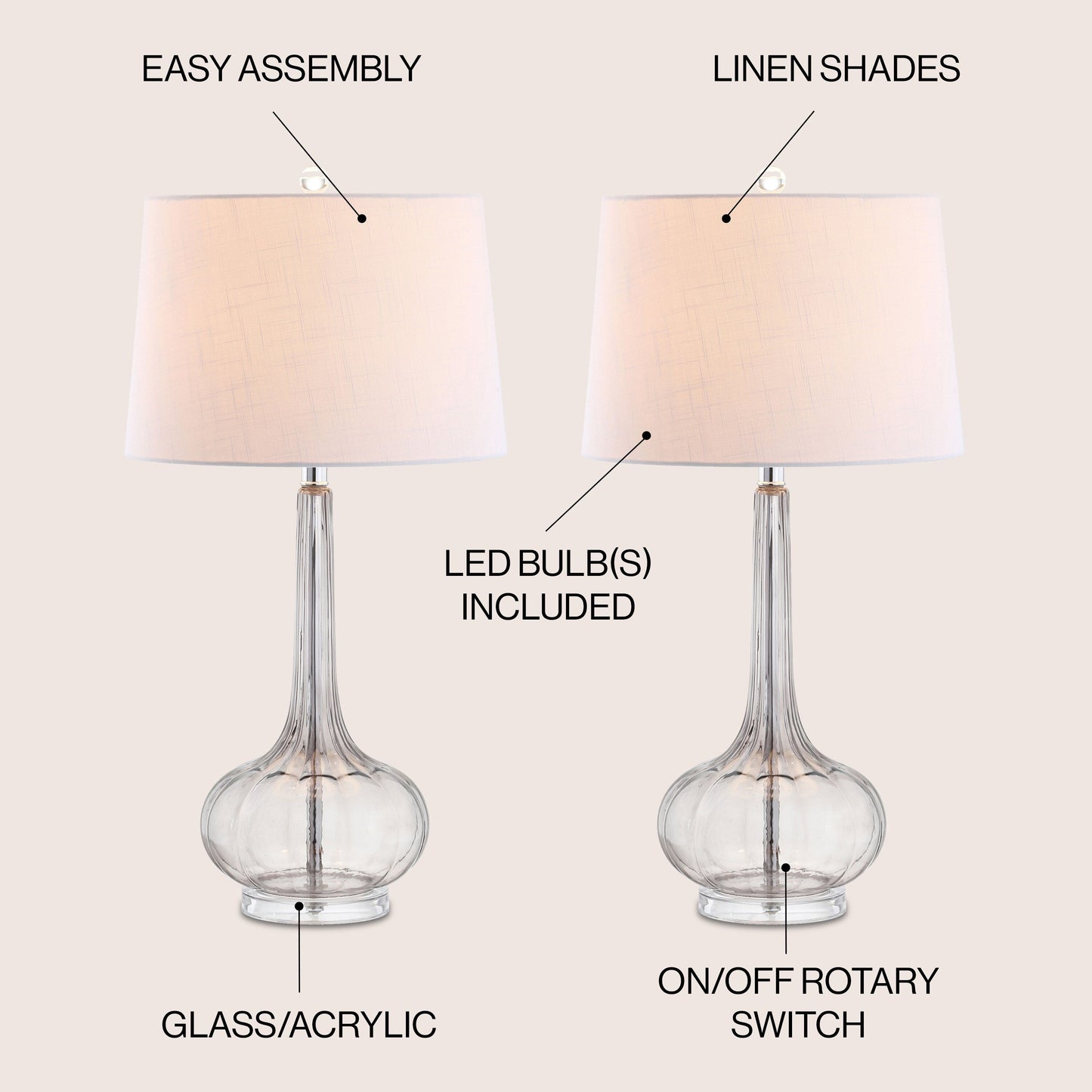 Lampe de table LED en verre en forme de goutte d'eau Diamante 28.5, rose (lot de 2) par JONATHAN Y