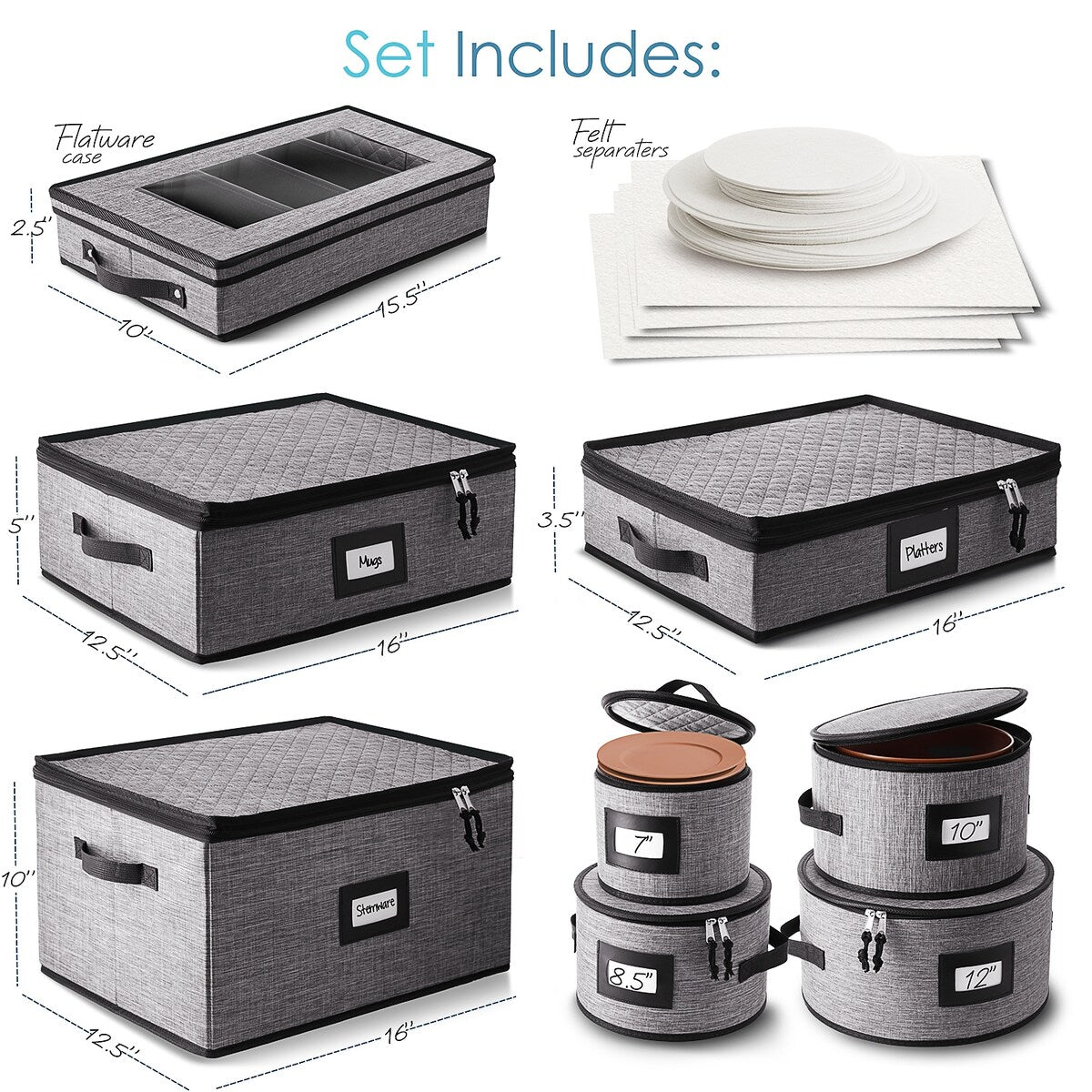 StorageBud Dinnerware Storage Containers - Stackable Holders for Plates, Cups, Flatware, Stemware, & Platter Sets