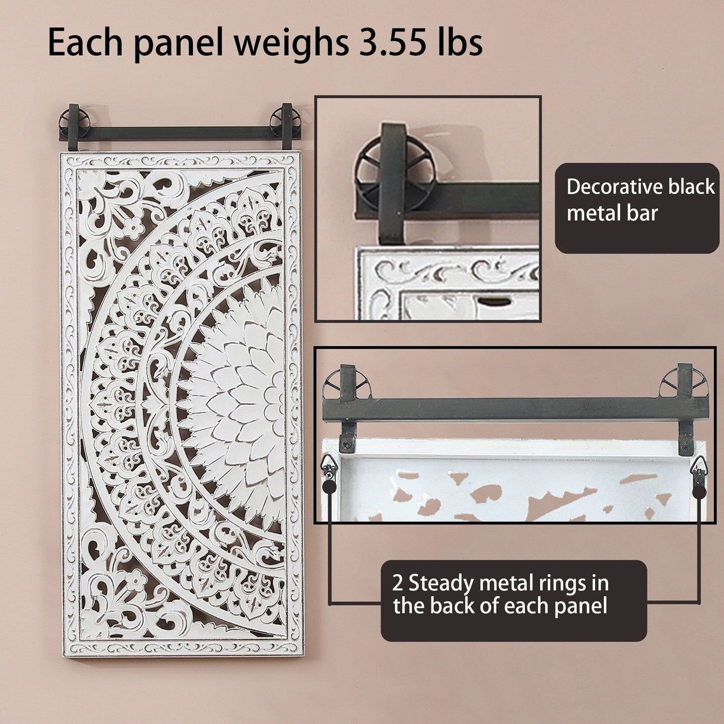 Décoration murale en bois blanc ivoire vieilli avec accents noirs (lot de 2)