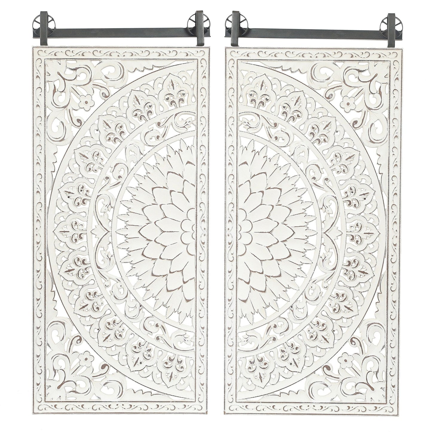 Décoration murale en bois blanc ivoire vieilli avec accents noirs (lot de 2)