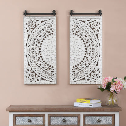 Décoration murale en bois blanc ivoire vieilli avec accents noirs (lot de 2)