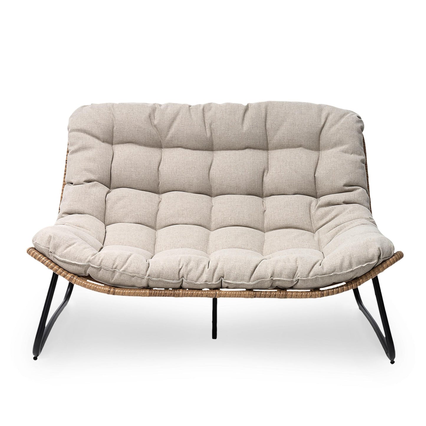 Fauteuil Papasan double avec coussin, en rotin PE résistant aux intempéries et cadre en métal, pour intérieur et extérieur.