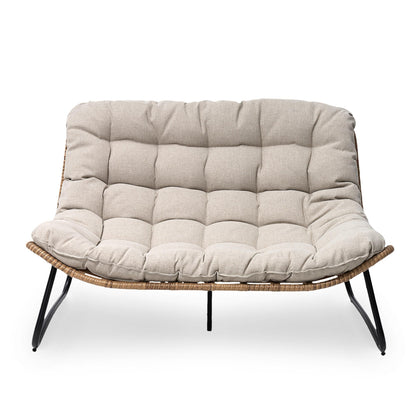 Fauteuil Papasan double avec coussin, en rotin PE résistant aux intempéries et cadre en métal, pour intérieur et extérieur.