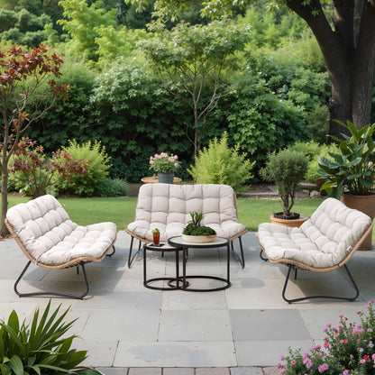 Fauteuil Papasan double avec coussin, en rotin PE résistant aux intempéries et cadre en métal, pour intérieur et extérieur.