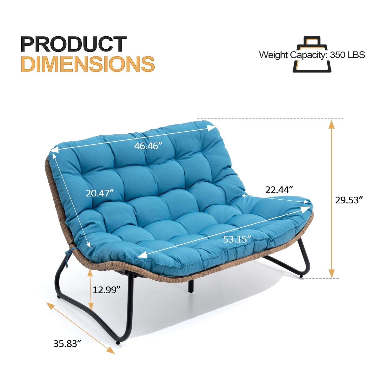 Fauteuil Papasan double avec coussin, en rotin PE résistant aux intempéries et cadre en métal, pour intérieur et extérieur.