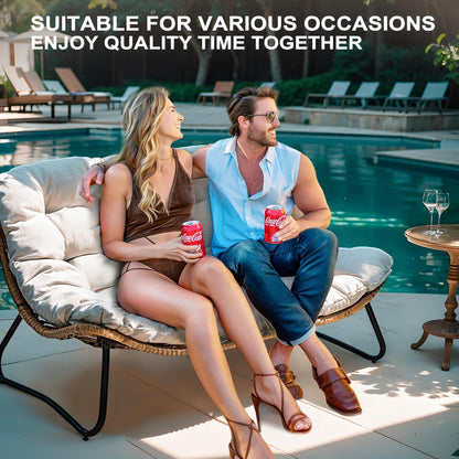 Fauteuil Papasan double avec coussin, en rotin PE résistant aux intempéries et cadre en métal, pour intérieur et extérieur.