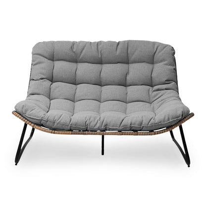 Fauteuil Papasan double avec coussin, en rotin PE résistant aux intempéries et cadre en métal, pour intérieur et extérieur.