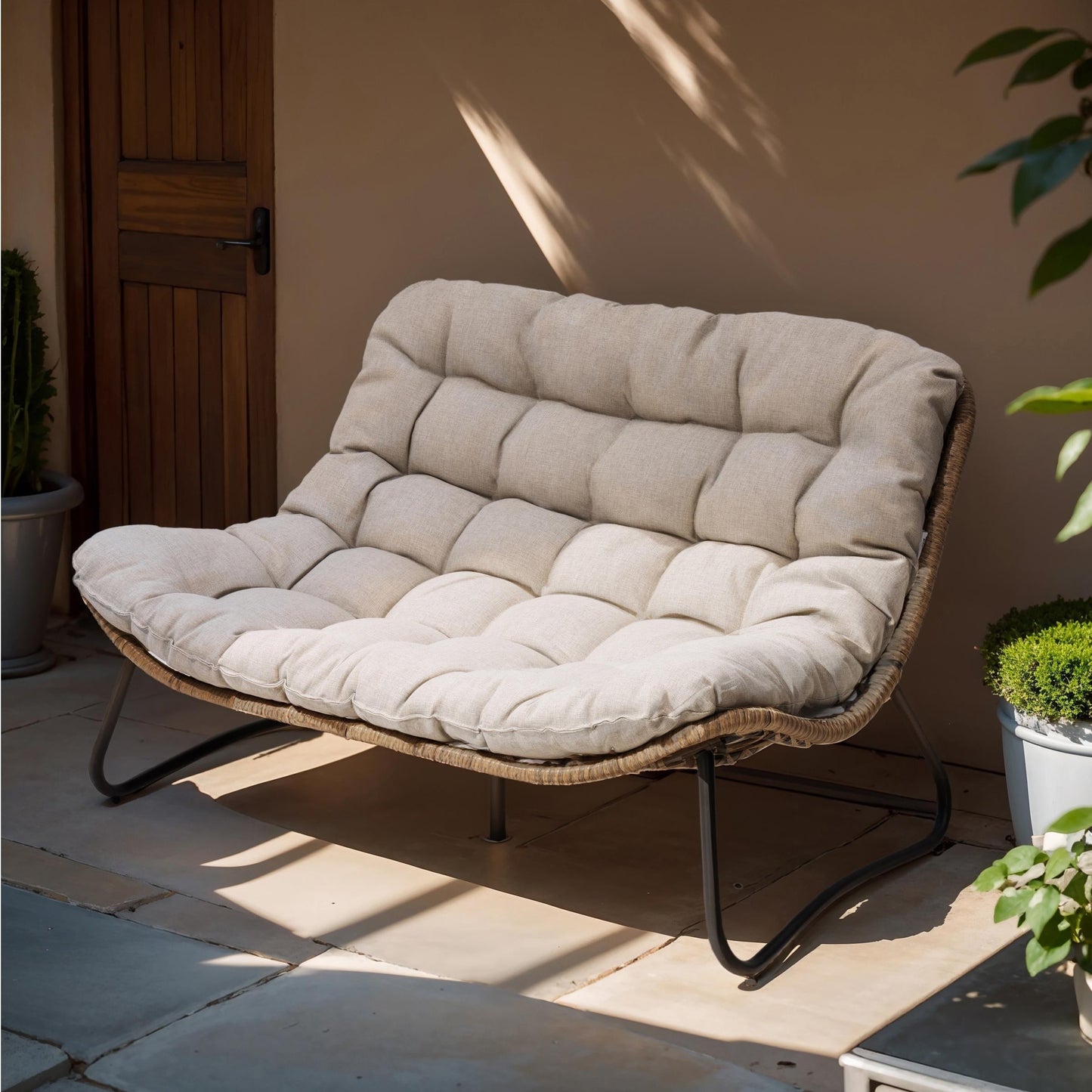 Fauteuil Papasan double avec coussin, en rotin PE résistant aux intempéries et cadre en métal, pour intérieur et extérieur.